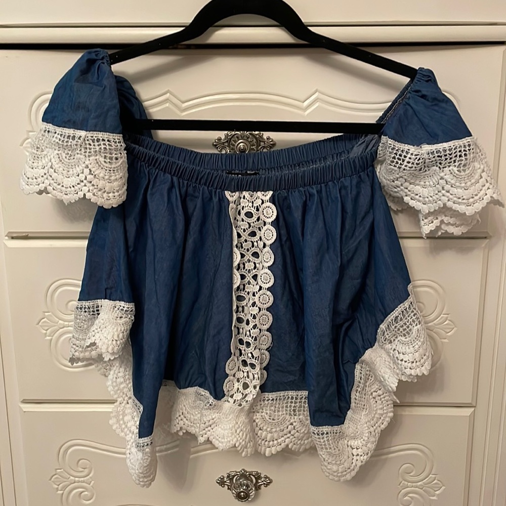 Off the shoulder denim top with lace trim